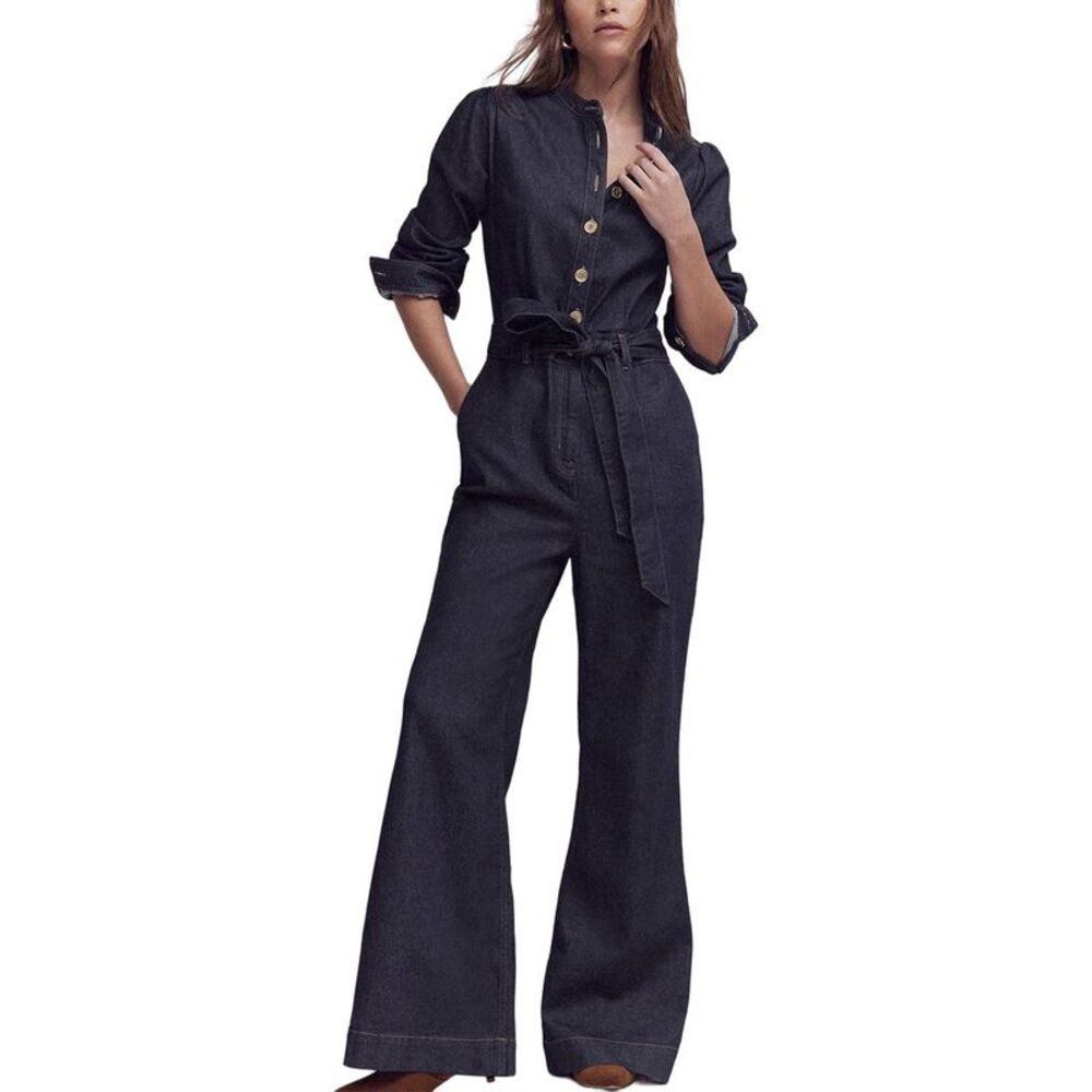 Boden Womens Petite Bootcut Button Denim Jumpsuit